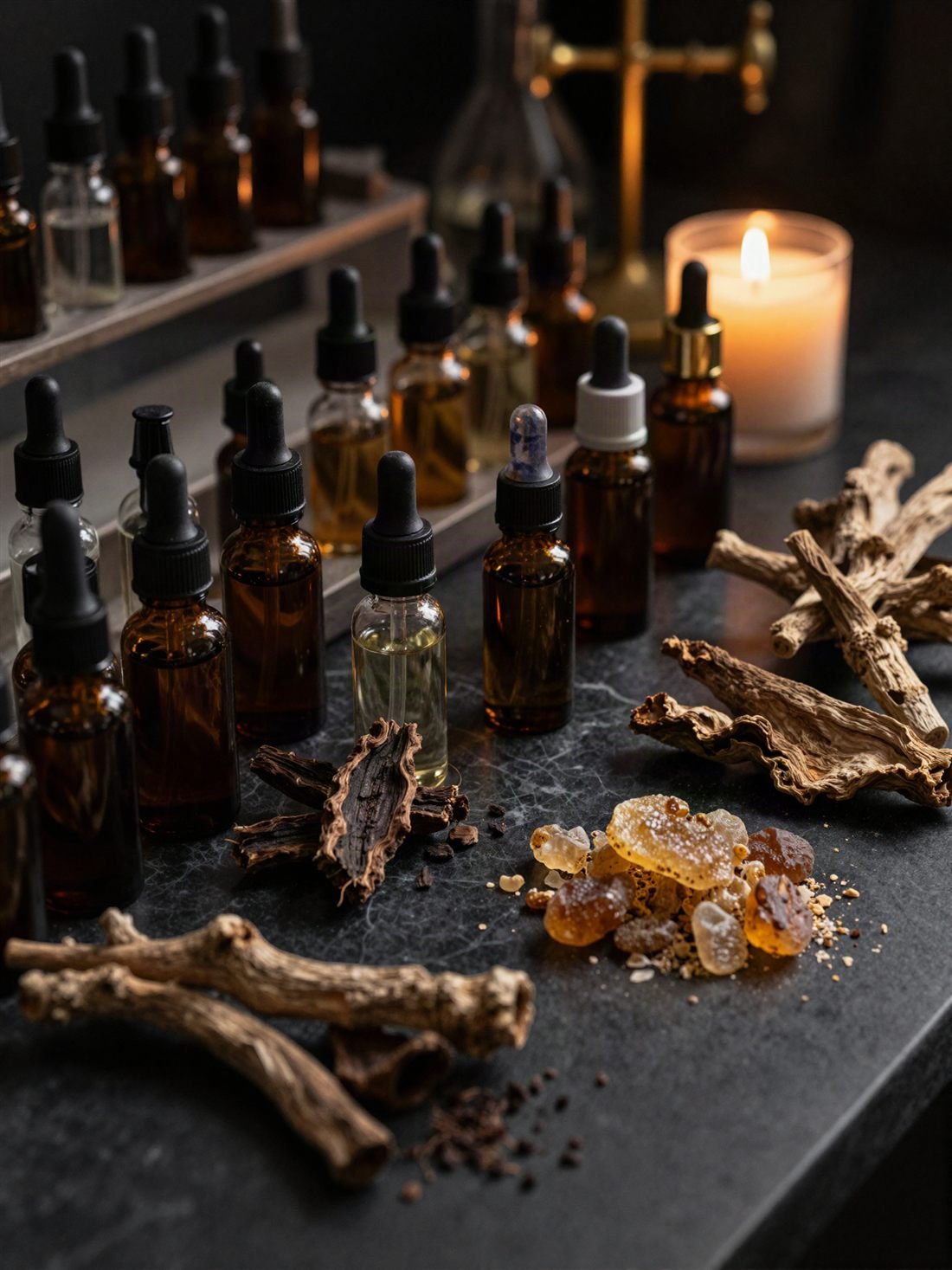 Perfumer's workbench with amber vials, oud wood and resin