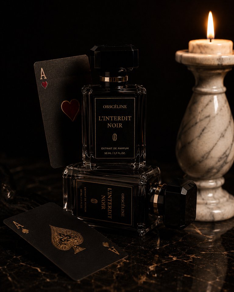 L'Interdit Noir with playing cards and candlelight